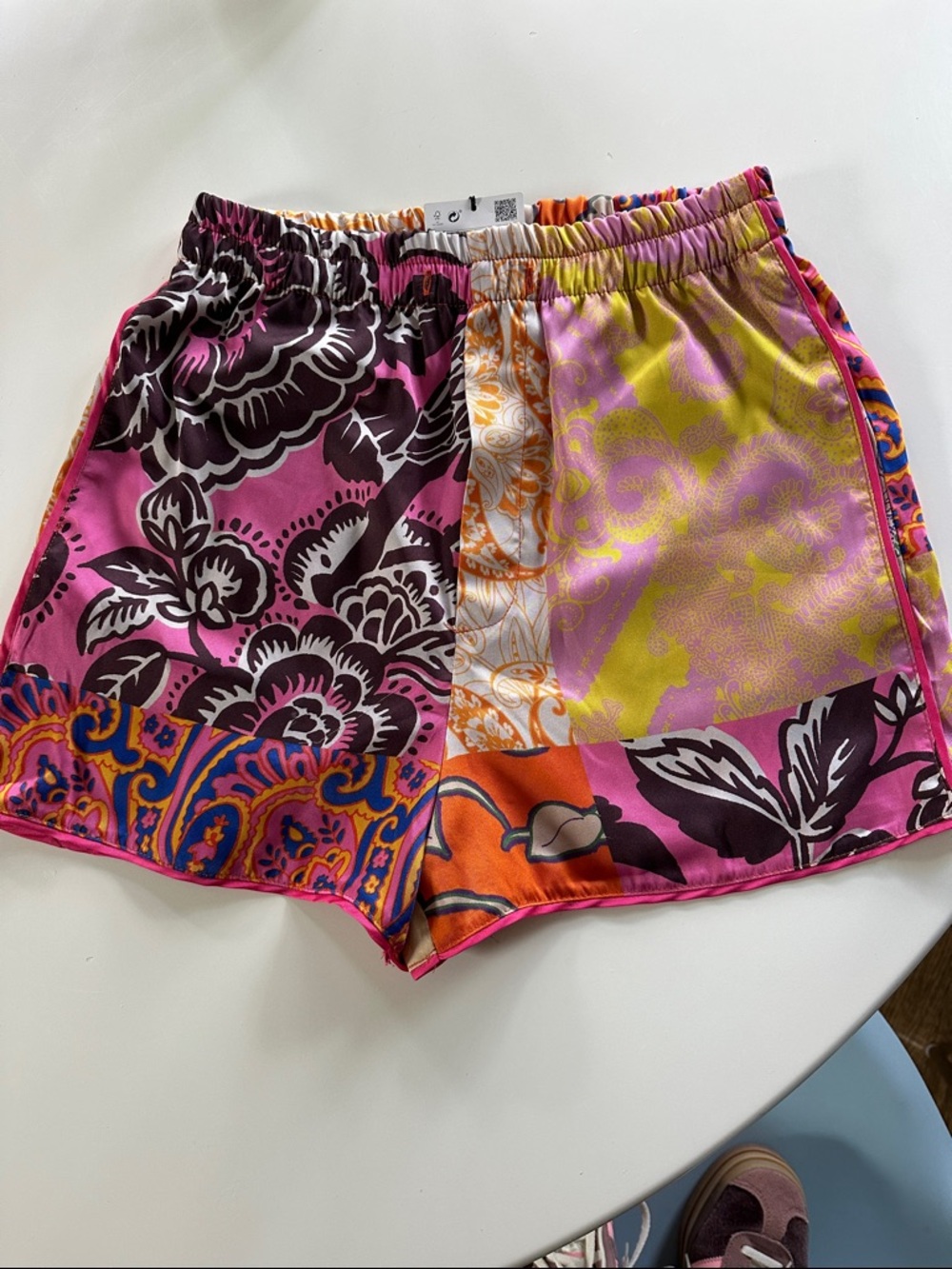 Zara Multicolor Floral Patchwork Satin Shorts — Pink, Yellow & Orange